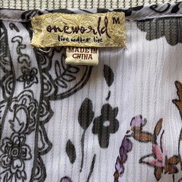 ONE WORLD Boho Peasant Semi Sheer Top Blouse MEDIUM Black White Pink Floral - Picture 3 of 13
